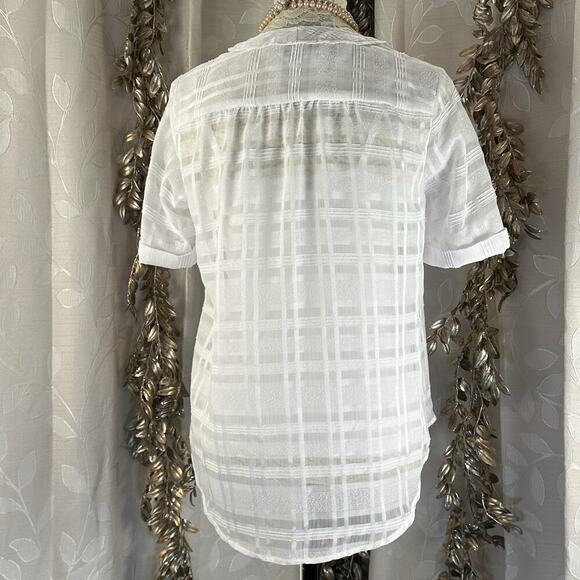 Alfani Petite Sheer White Blouse PS | V-Neck Check Texture Lightweight - Picture 5 of 11